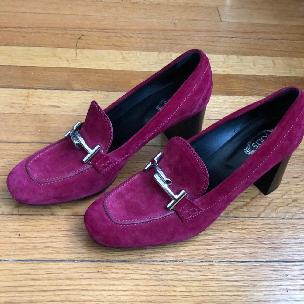 Tod's Burgundy Suede Block Heel Loafers with Silver Hardware
